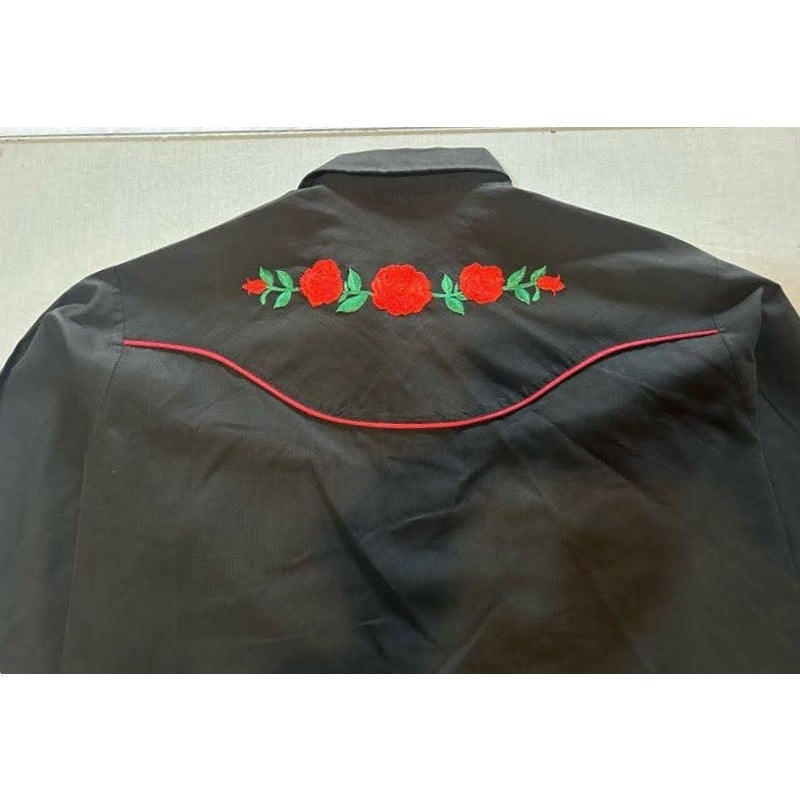 Black Western Shirt with Red Rose Embroidery