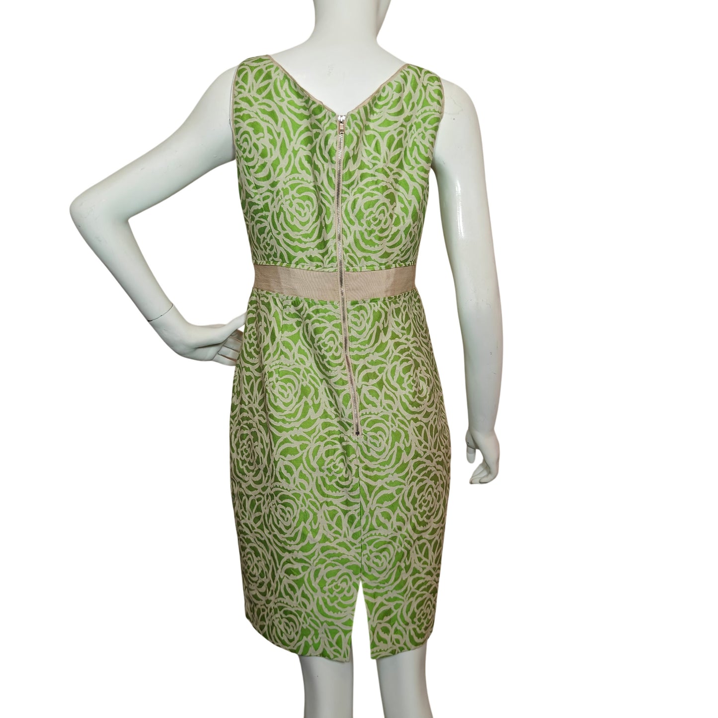 Maggy London Green Floral Jacquard Sheath Dress Ribbon Waist Size 6