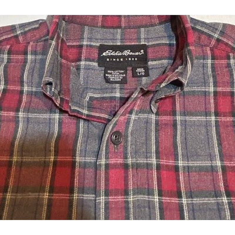 Red and Gray Plaid Flannel Button-Up Shirt