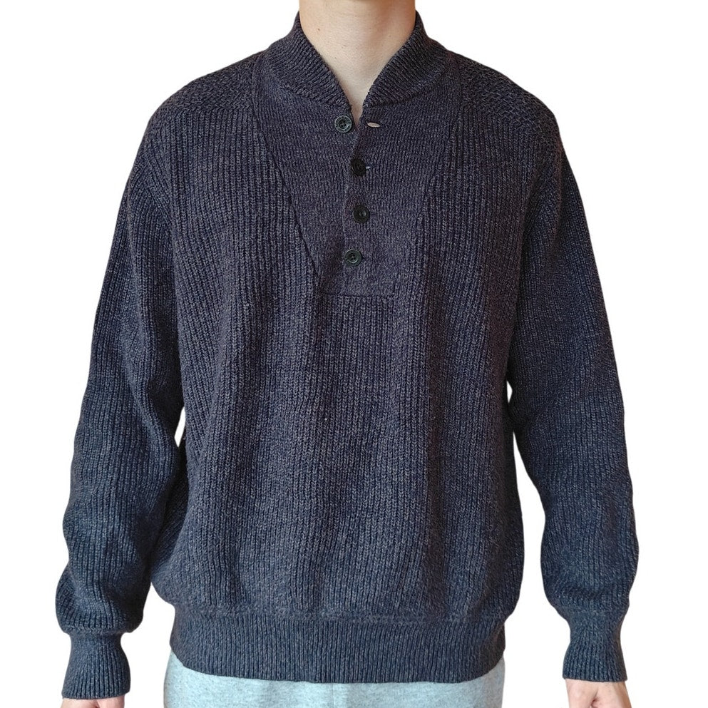 Blue Gray Cotton Knit Henley Sweater