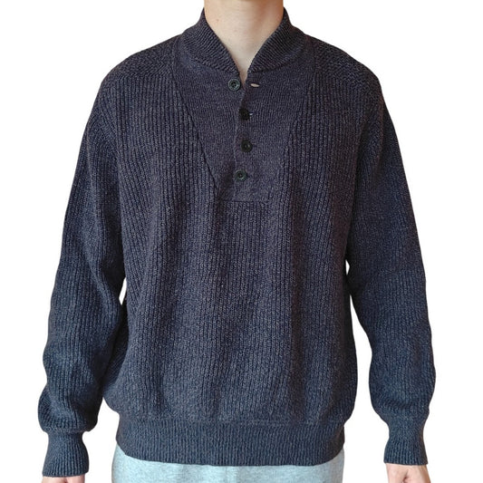 Blue Gray Cotton Knit Henley Sweater
