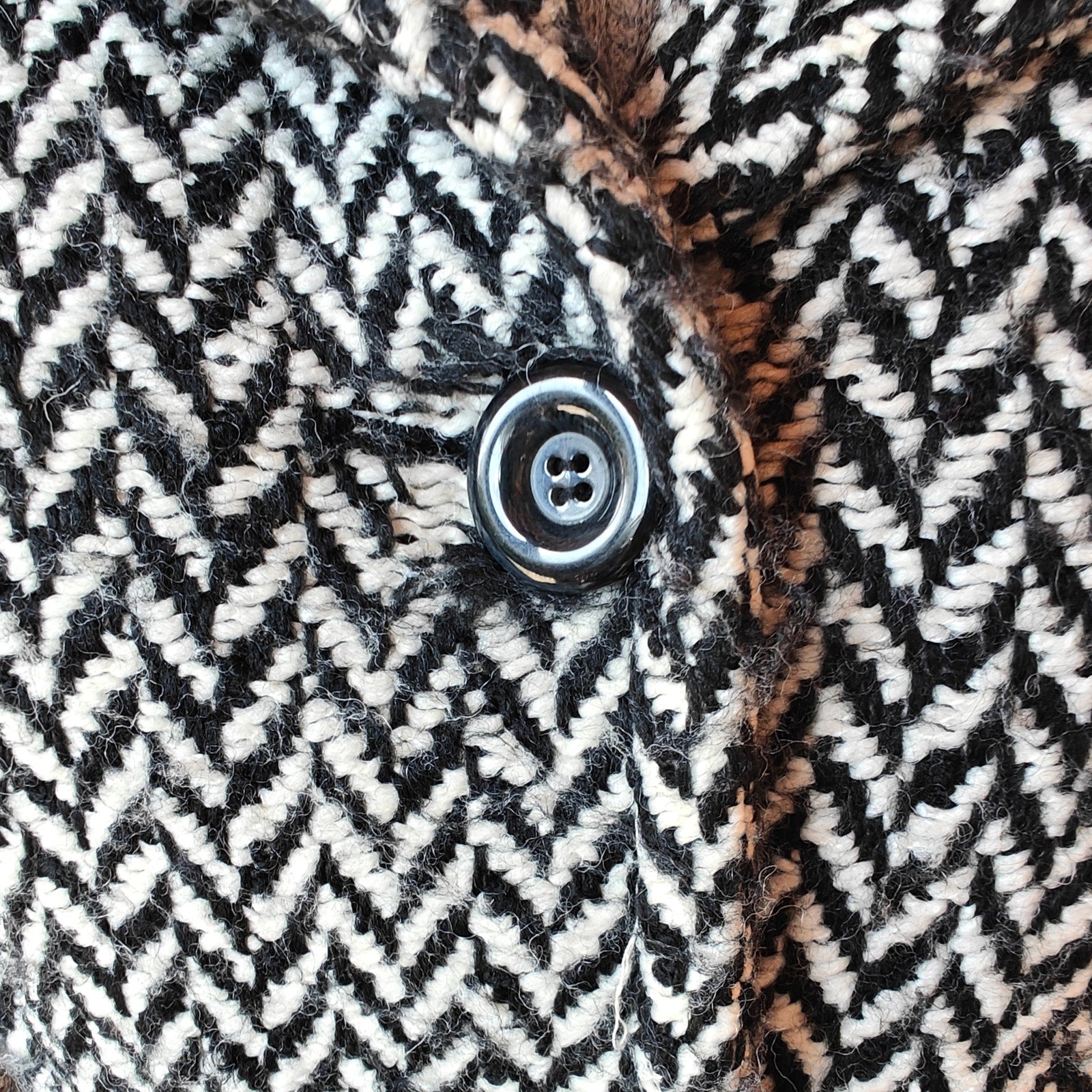 Black and White Herringbone Wool Blend Coat