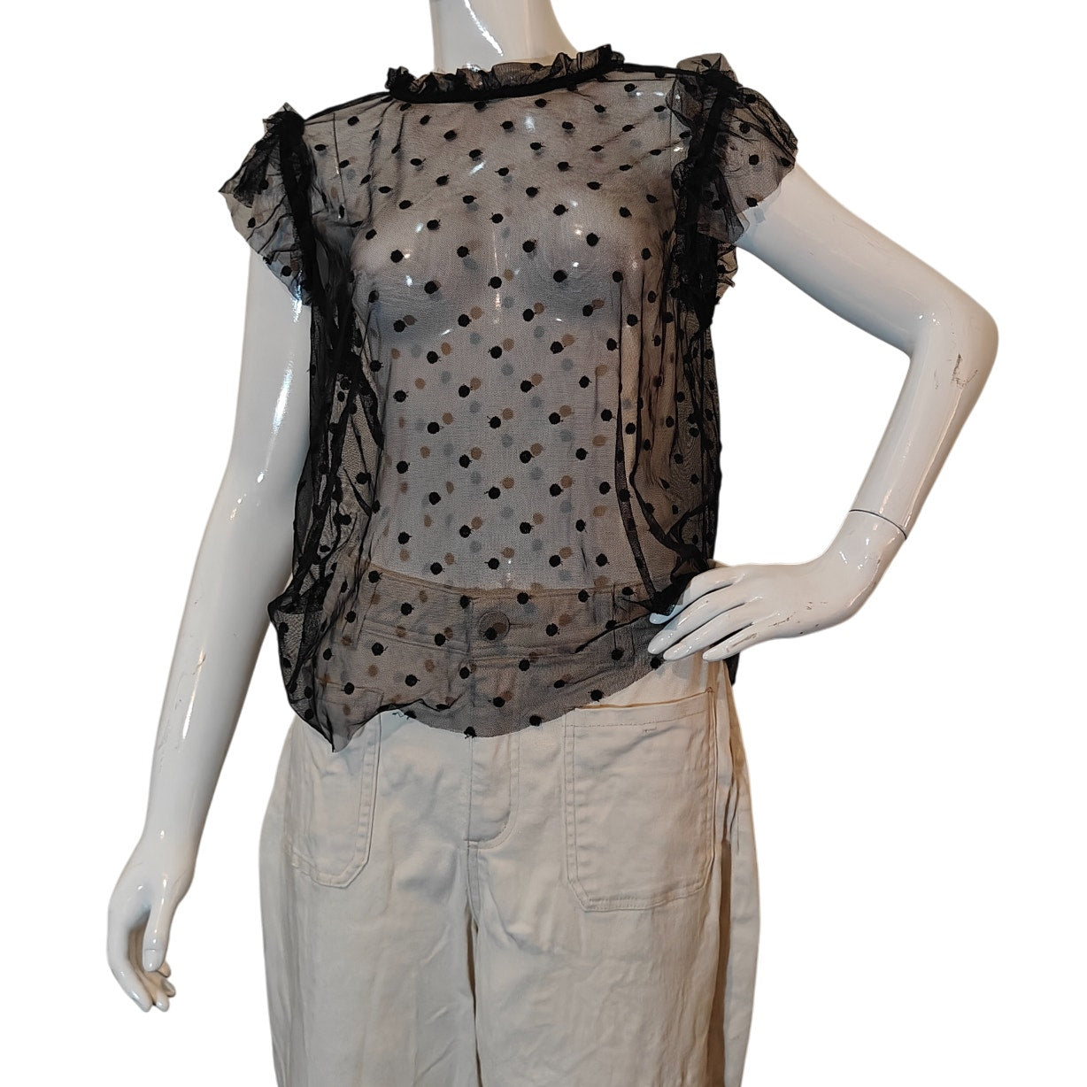 Black Sheer Polka Dot Mesh Blouse