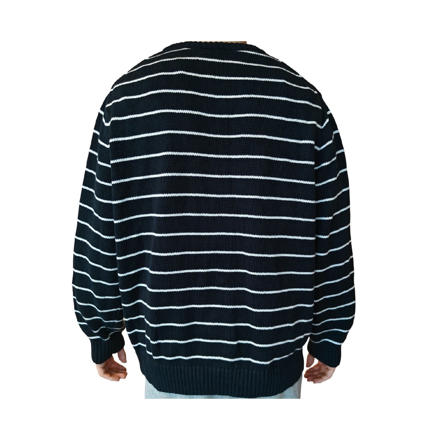 Navy and White Striped Cotton Crewneck Sweater