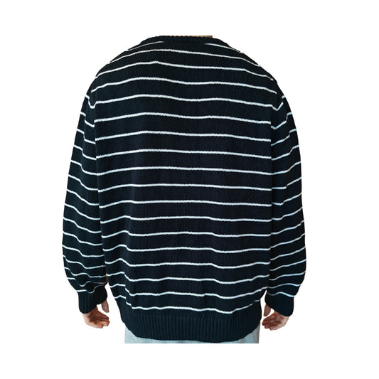 Navy and White Striped Cotton Crewneck Sweater