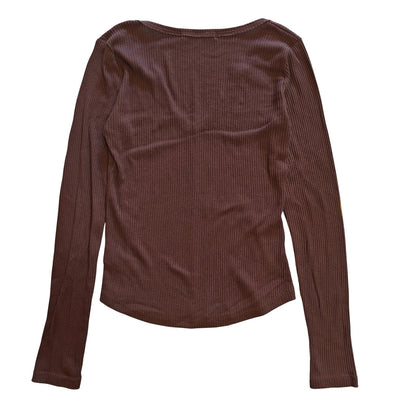 Brown Ribbed Long Sleeve V-Neck Top