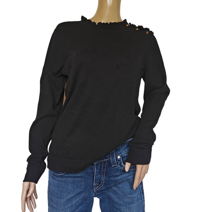 Black Ruffle Mock Neck Button-Shoulder Sweater