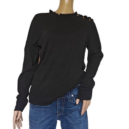 Black Ruffle Mock Neck Button-Shoulder Sweater