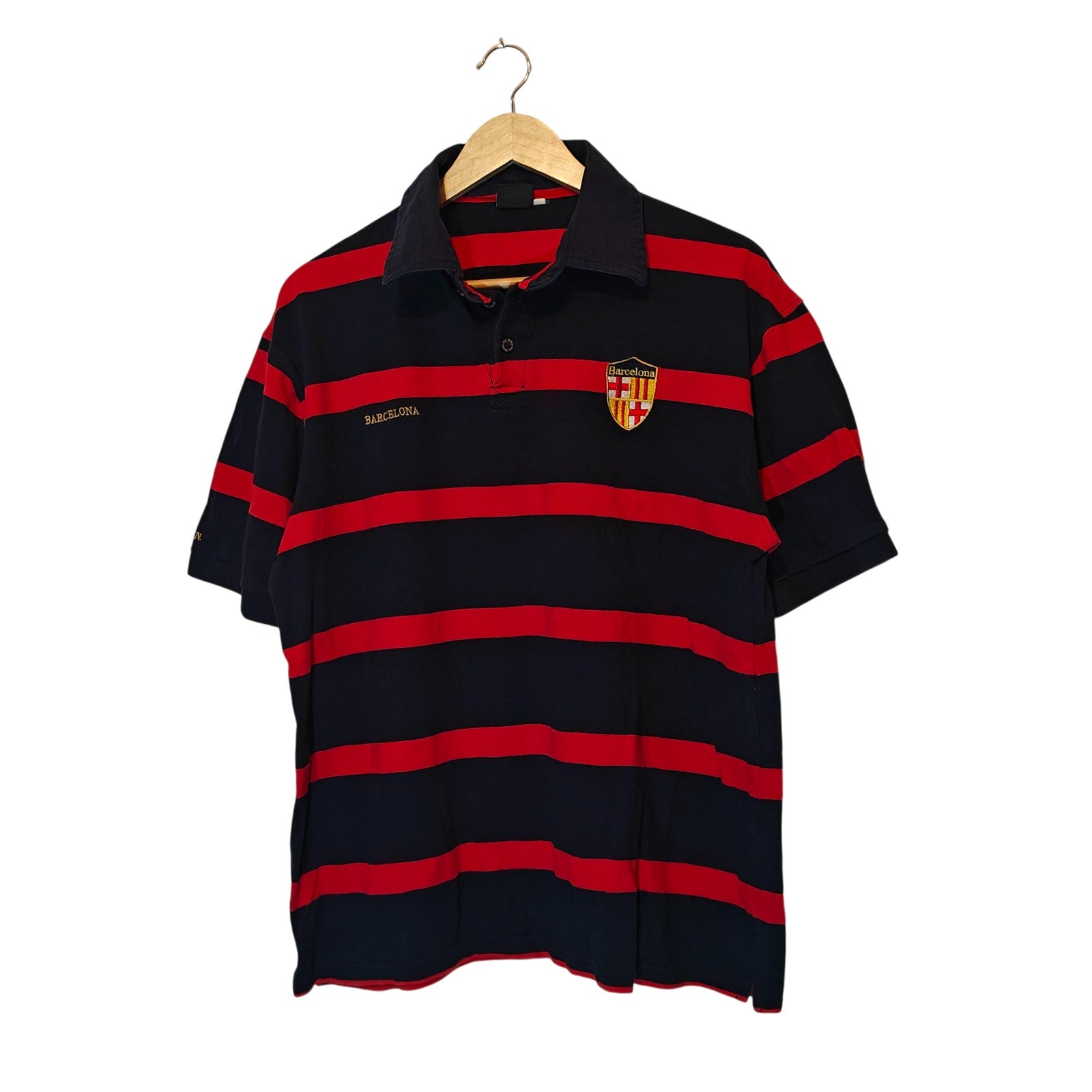 Barcelona Striped Rugby Polo Shirt XL Red Navy Crest Embroidered Cotton