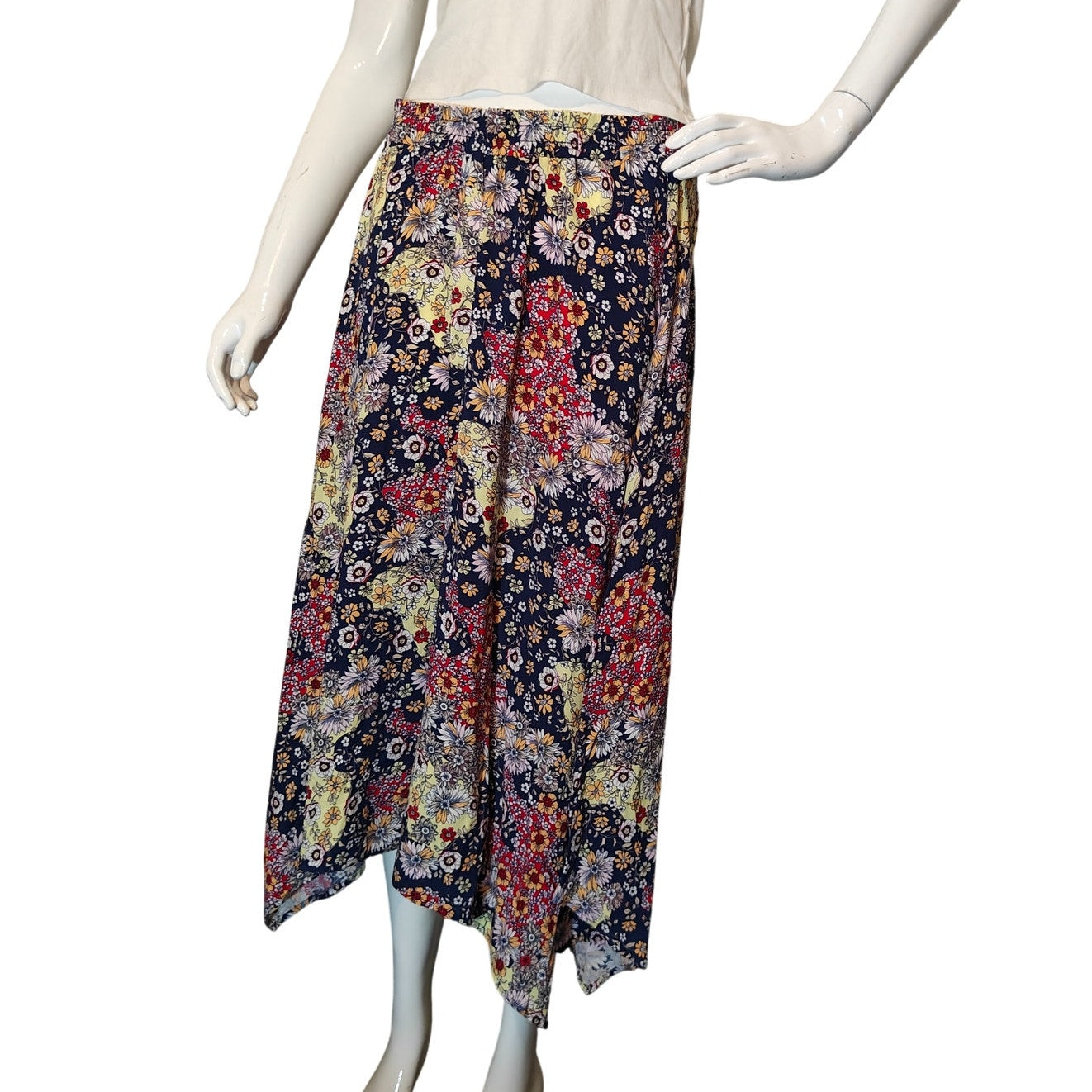89th Madison Floral Midi Skirt Navy Boho Flowy Elastic Waist Women M