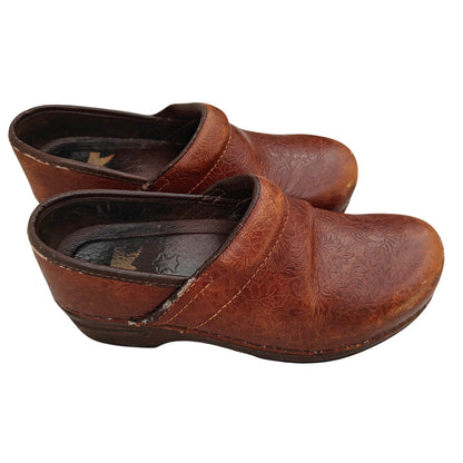 Brown Tooled Leather Clogs With Floral Detail