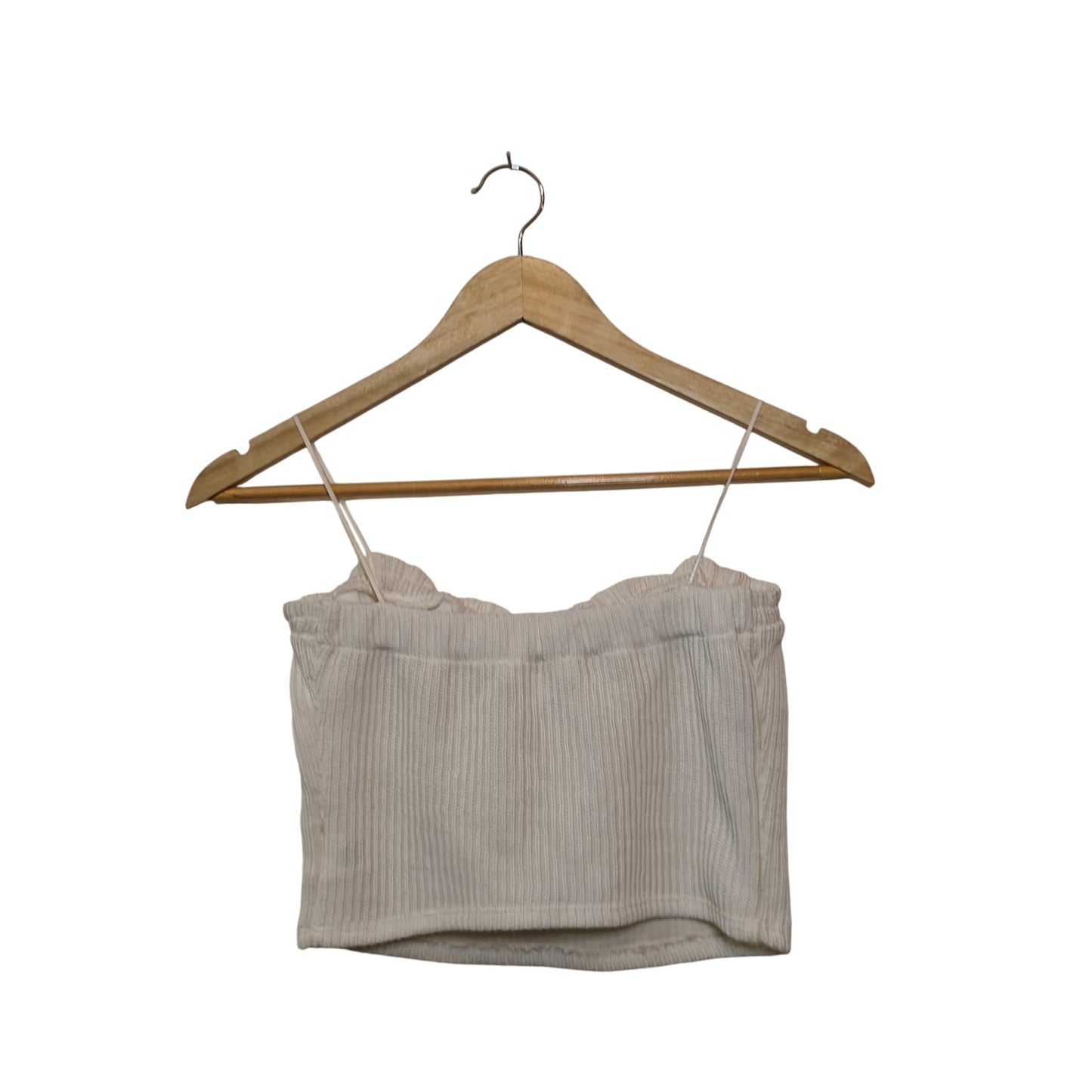 Cream Ribbed Knit Crop Top With Sweetheart Neck