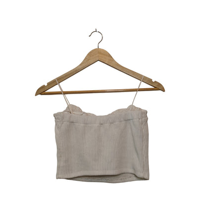Cream Ribbed Knit Crop Top With Sweetheart Neck