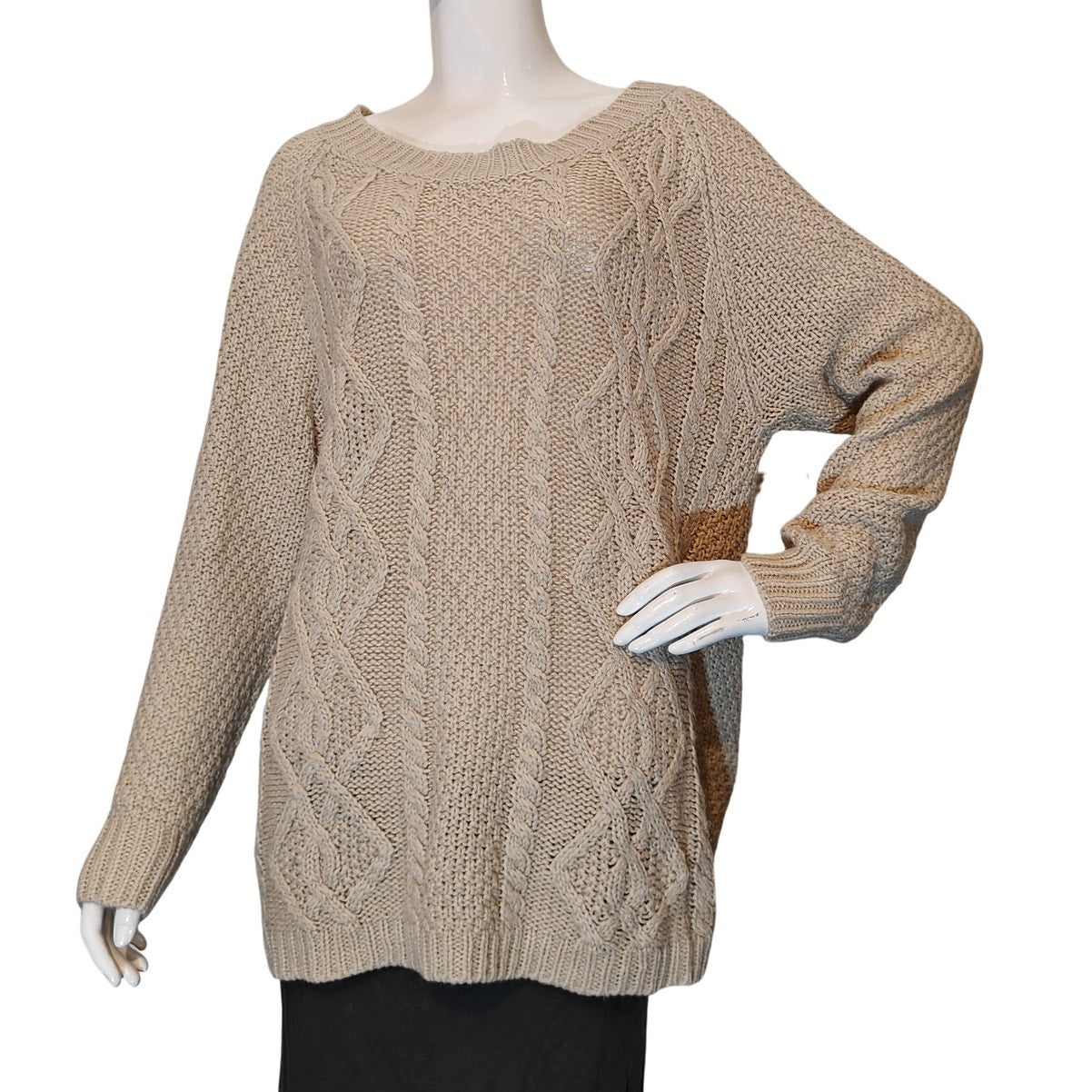 Beige Cable Knit Chunky Crew Sweater