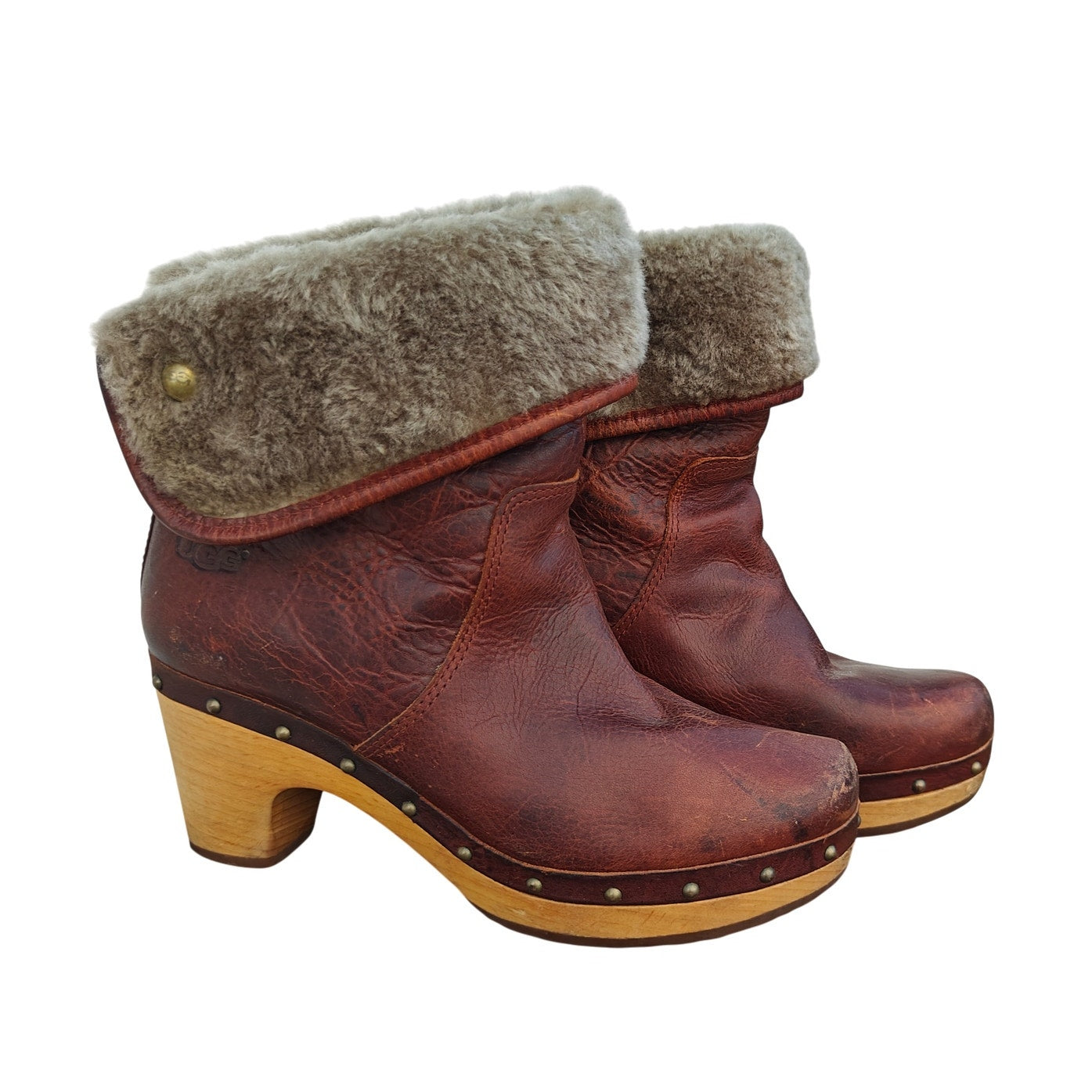 Red Leather Shearling Clog Ankle Boots
