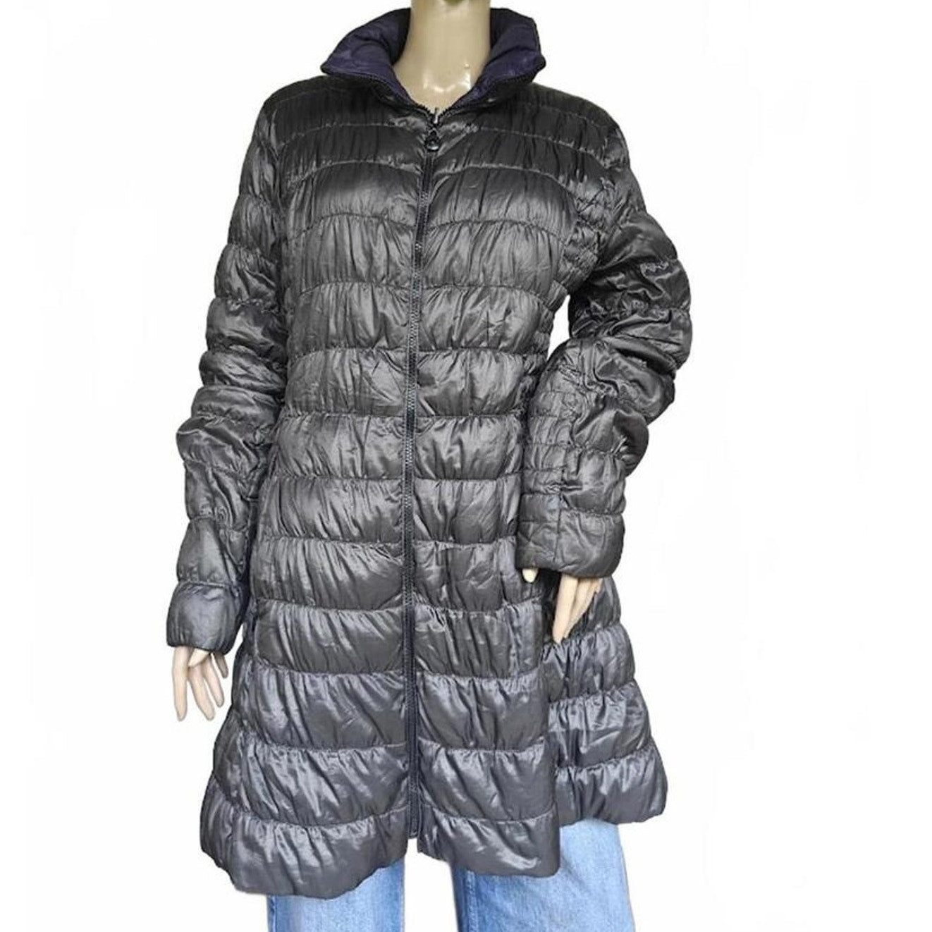 Gray/Purple Reversible Quilted Long Puffer Coat