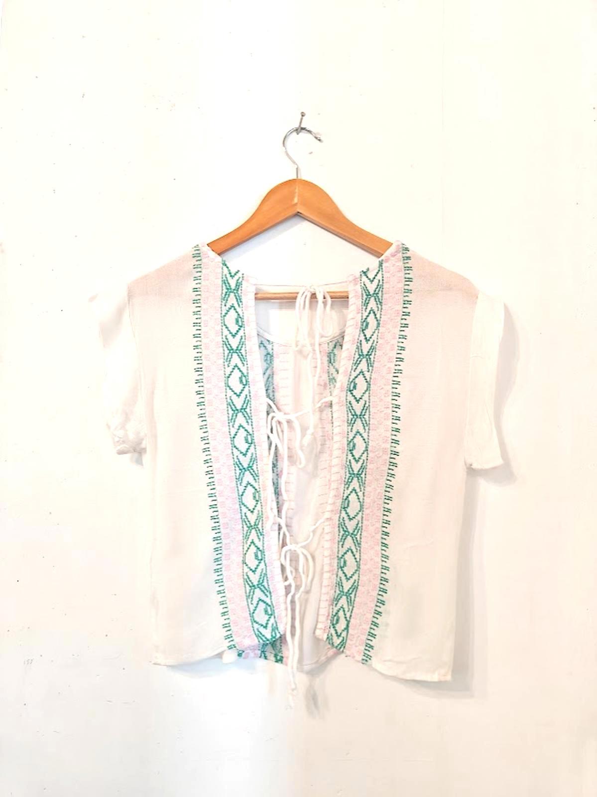White Crop Tee with Blue and Pink Embroidery and Tie Back