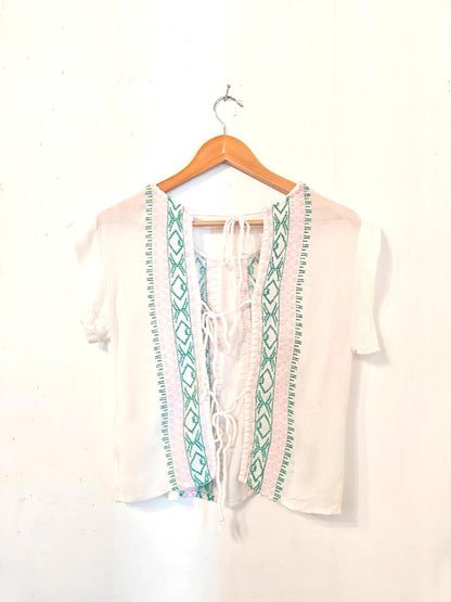 White Crop Tee with Blue and Pink Embroidery and Tie Back