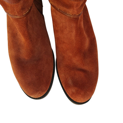Cognac Suede Tall Riding Boots With Buckle Detail