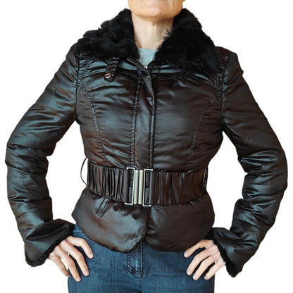 Black Belted Puffer Jacket with Rabbit Fur Collar