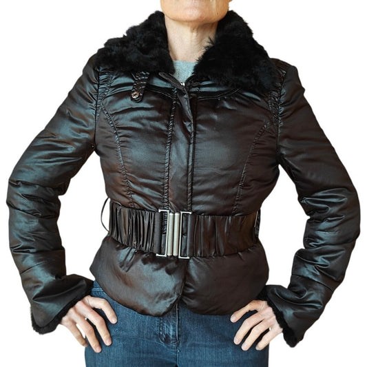 Black Belted Puffer Jacket with Rabbit Fur Collar