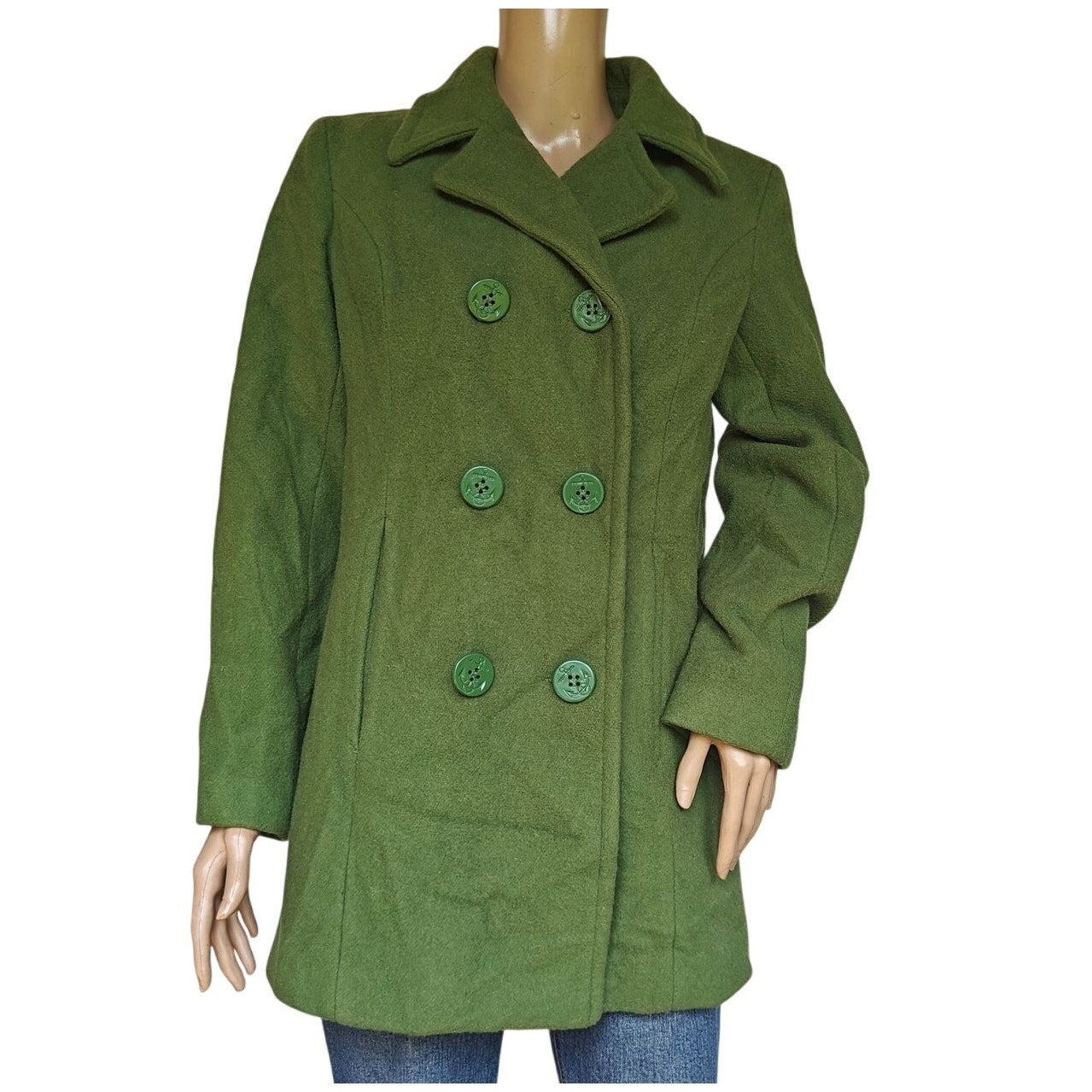 Green Wool Blend Double Breasted Peacoat