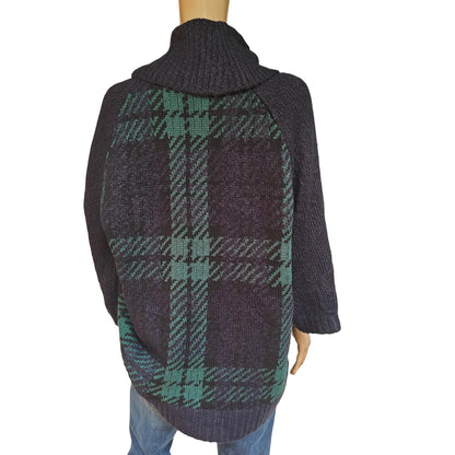 Navy & Green Plaid Cowl-Neck Poncho Sweater