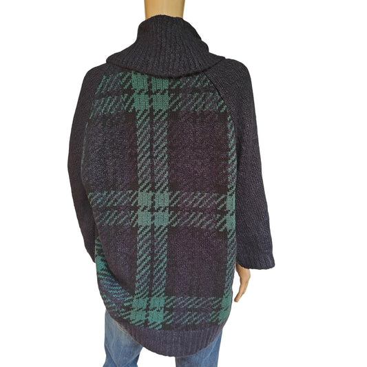 Navy & Green Plaid Cowl-Neck Poncho Sweater