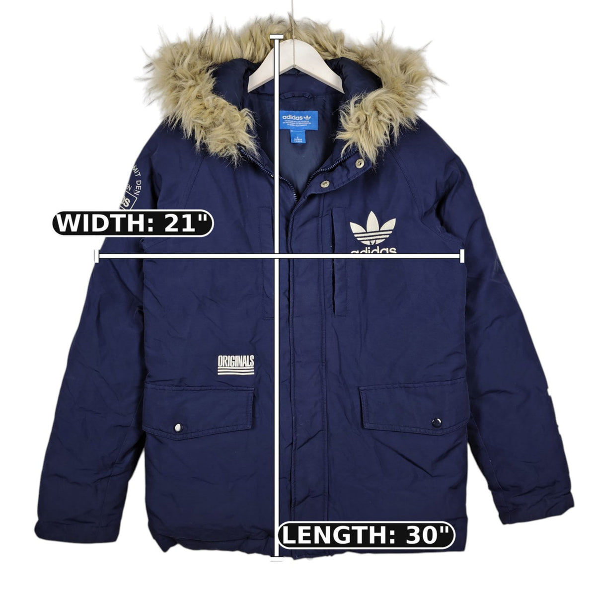 Adidas Originals Navy Hooded Parka with Fur Trim – Small