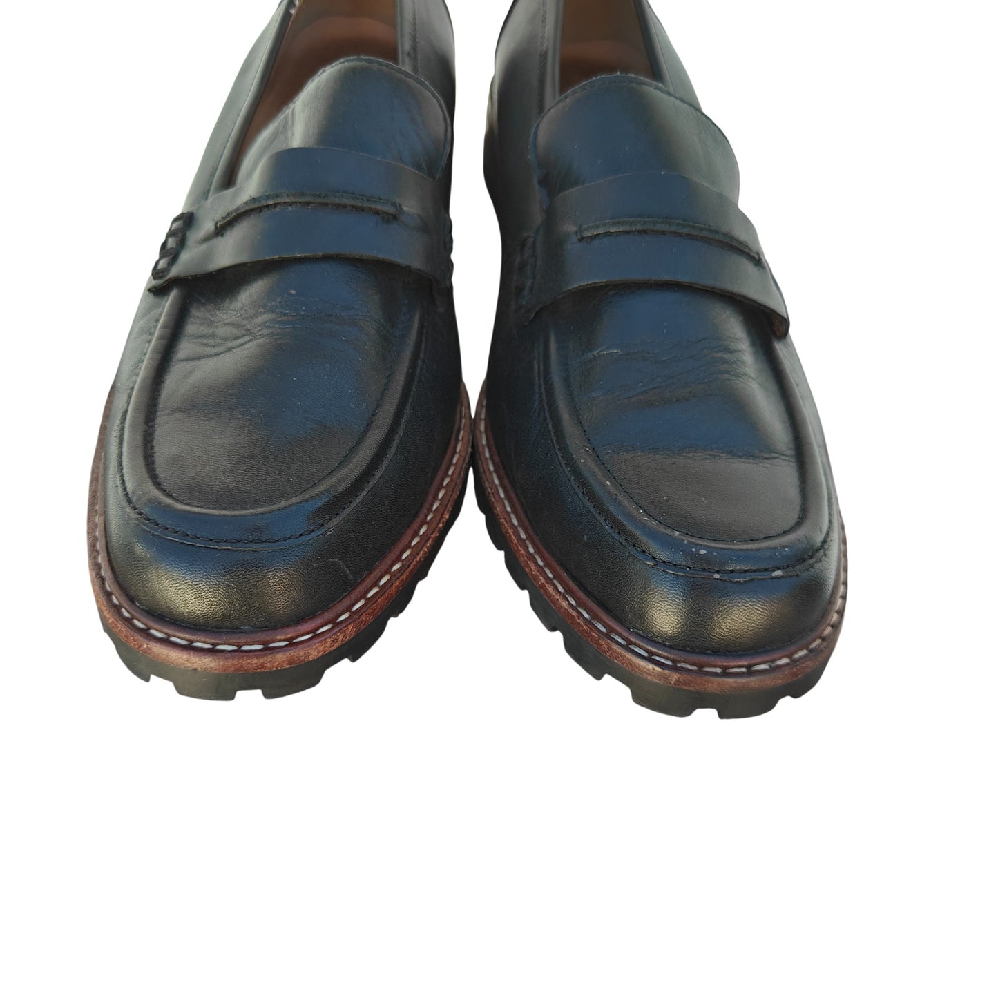 Black Leather Lug Sole Penny Loafers