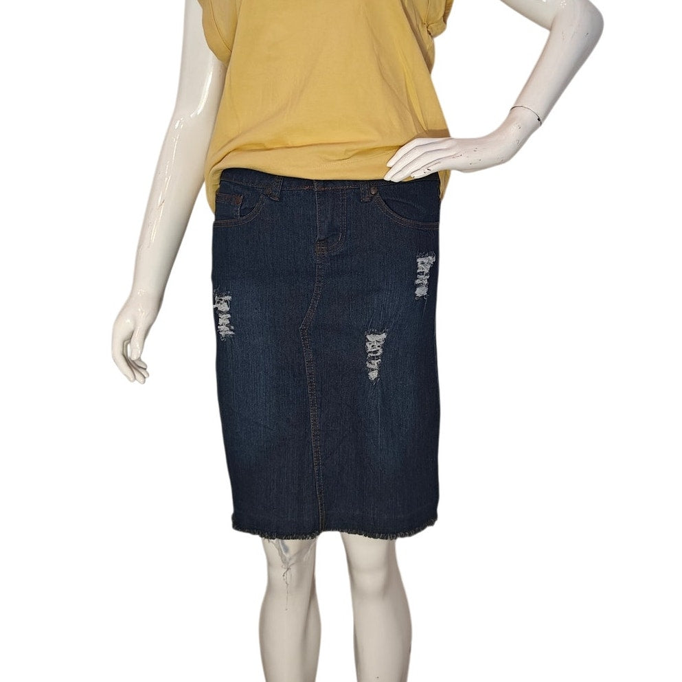 Distressed Denim Pencil Skirt