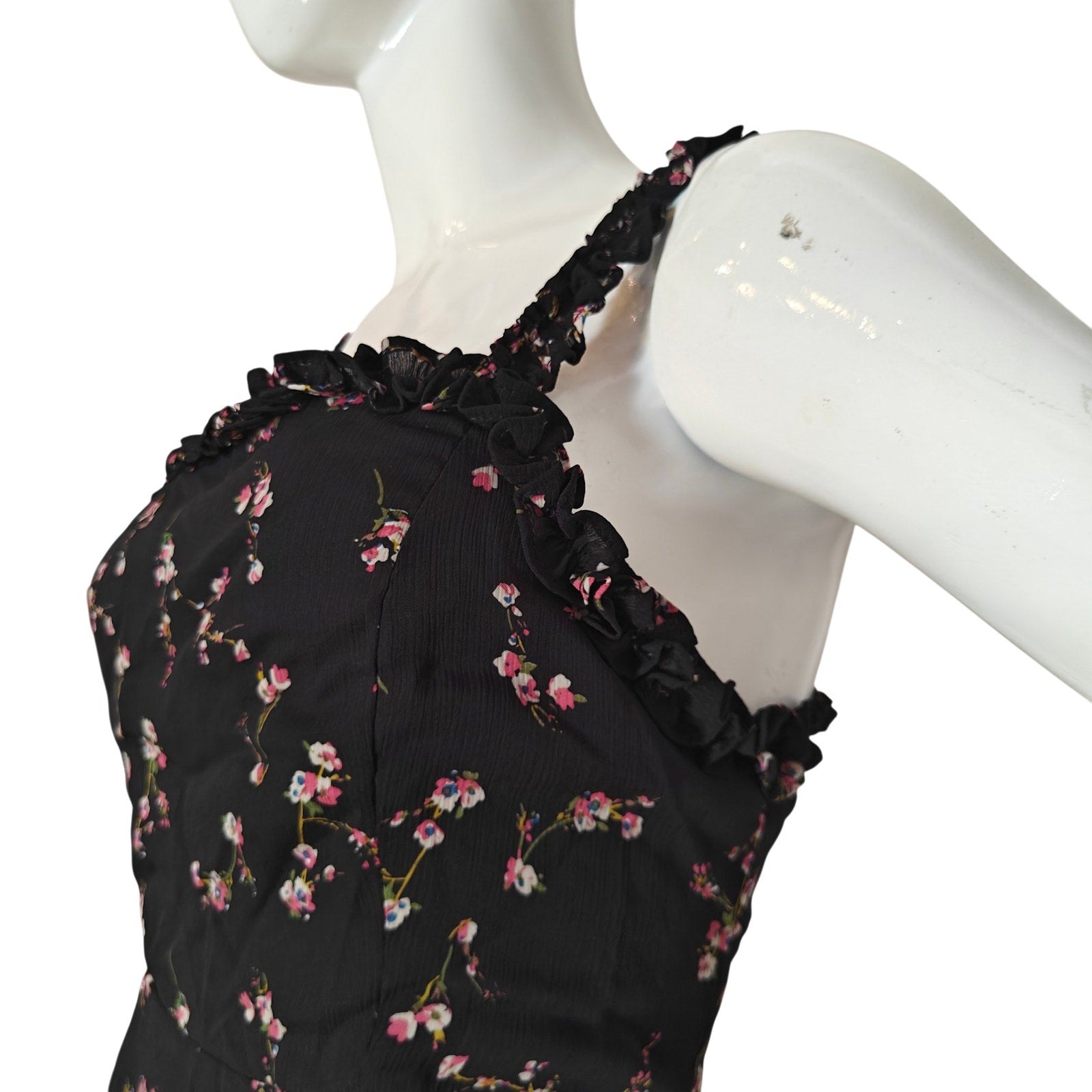 Lulus Black Floral Mini Dress Ruffle Trim Strappy Fit Flare XS
