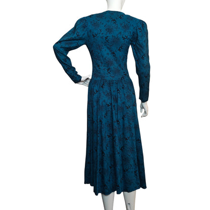 Vintage Blue Prairie Midi Dress with Lace Collar