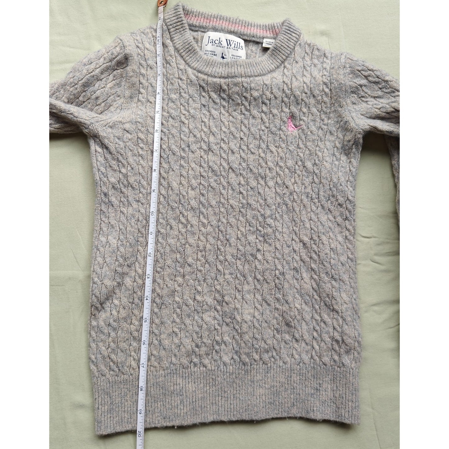 Gray Cable Knit Wool Crewneck Sweater