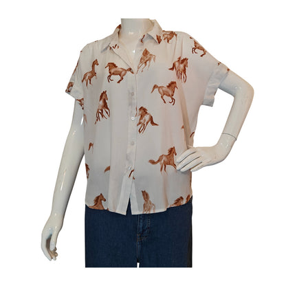 Water Color Horse Print Button Front Blouse