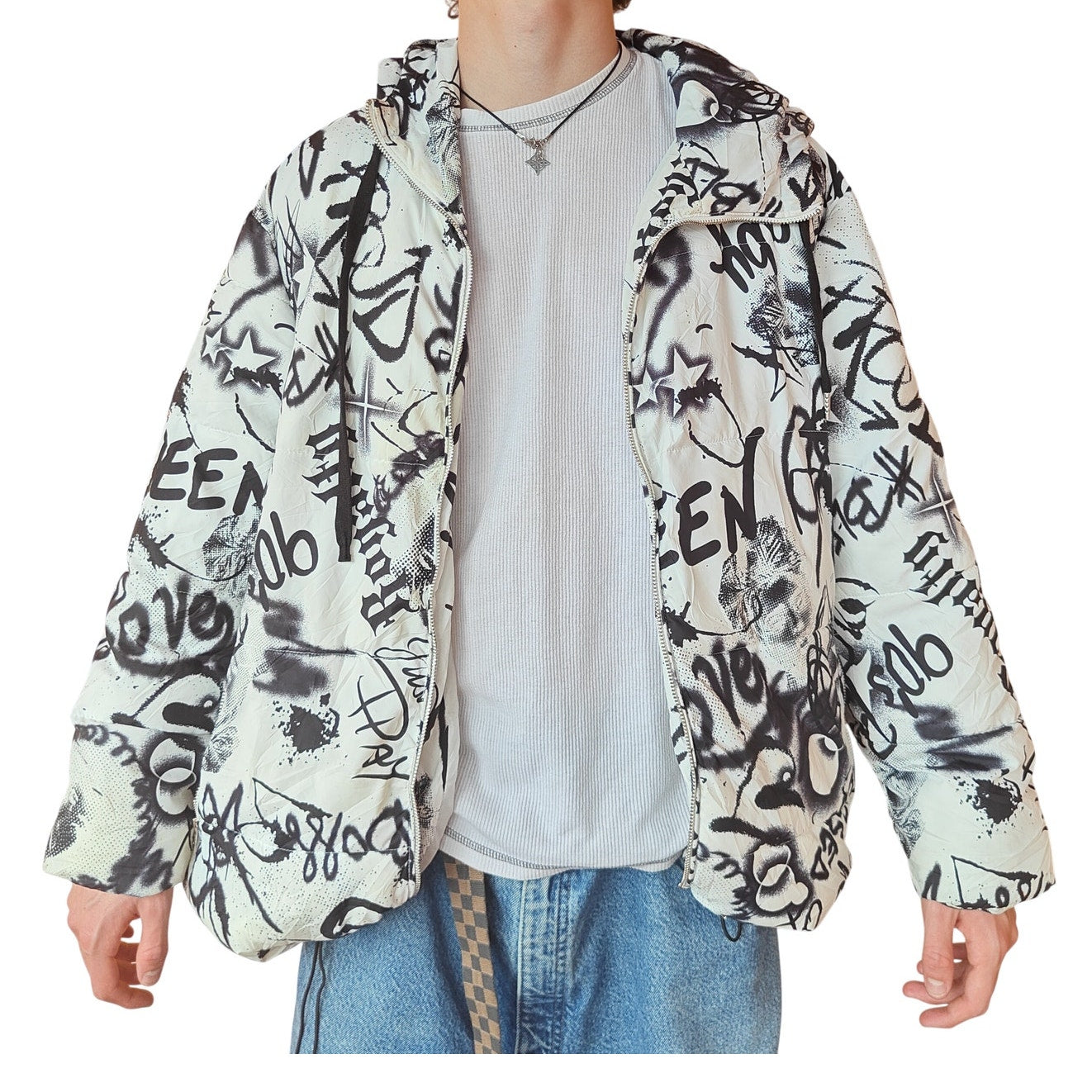 White and Black Graffiti Print Puffer Jacket