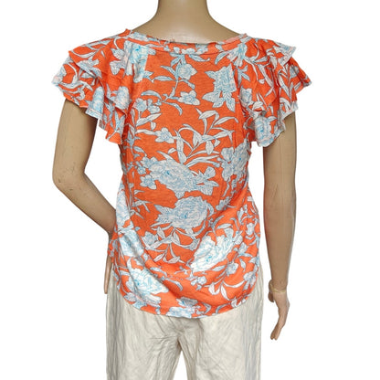 Orange and Blue Floral V-Neck Blouse