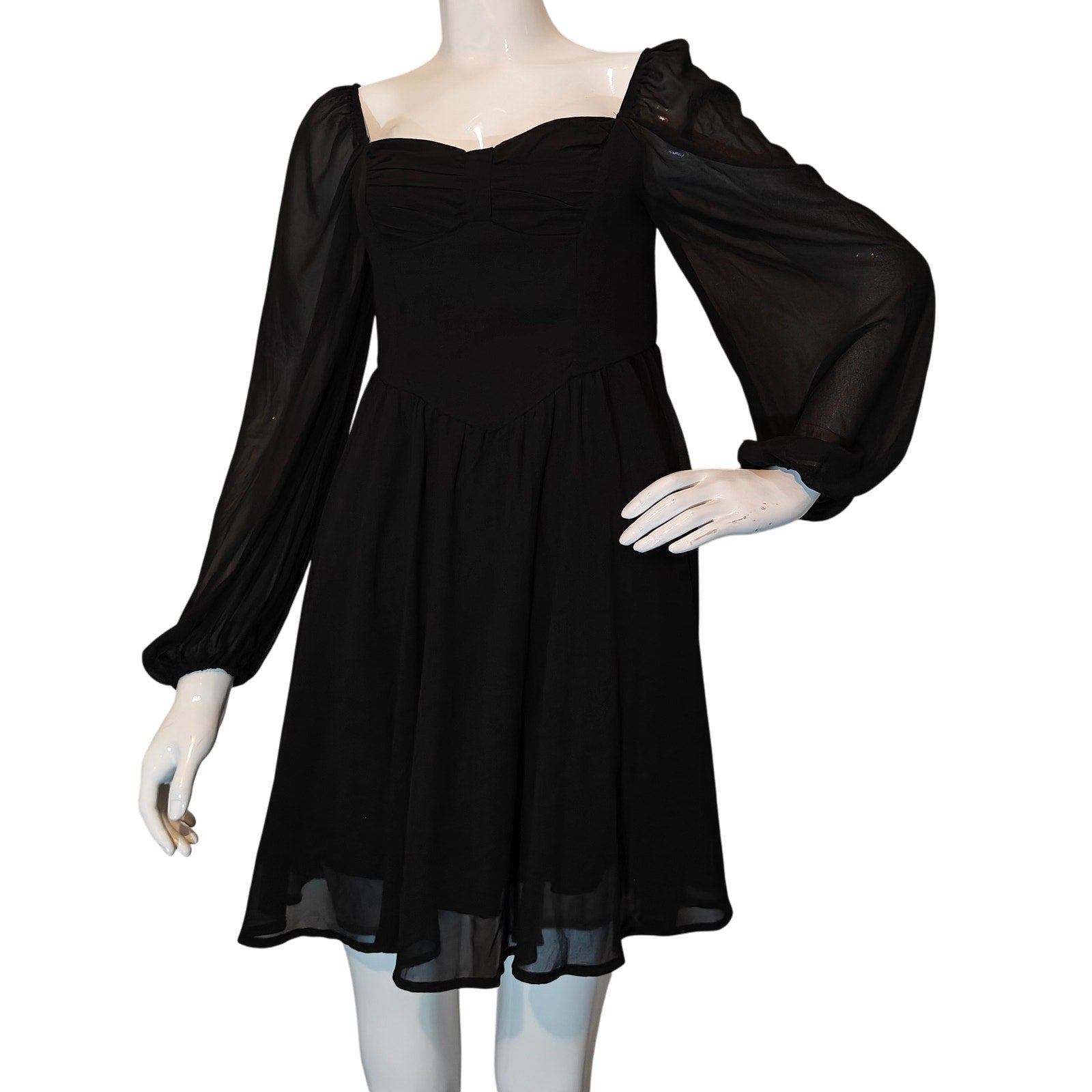 Black Sheer Sleeve Sweetheart Neck Mini Dress