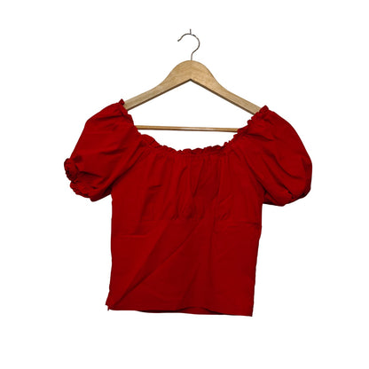 Red Off Shoulder Ruched Puff Sleeve Crop Top