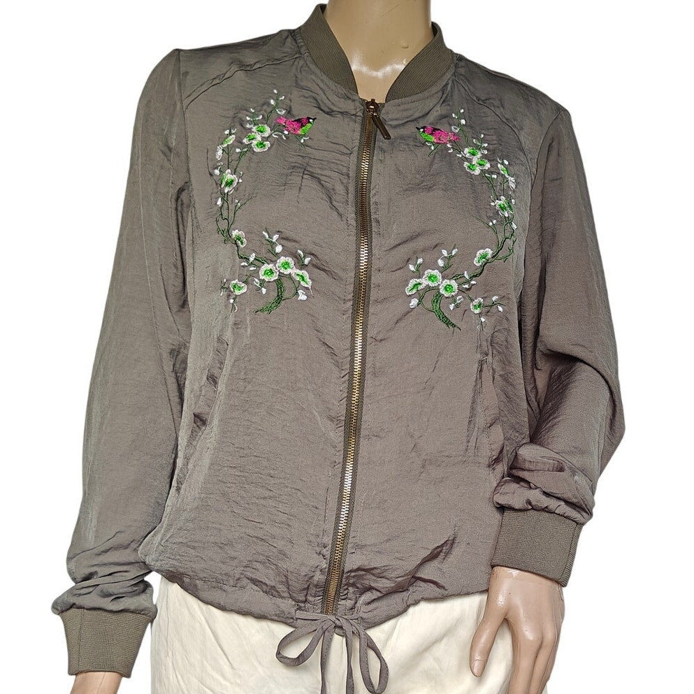 Army Green Janina Floral Embroidered Bomber Jacket