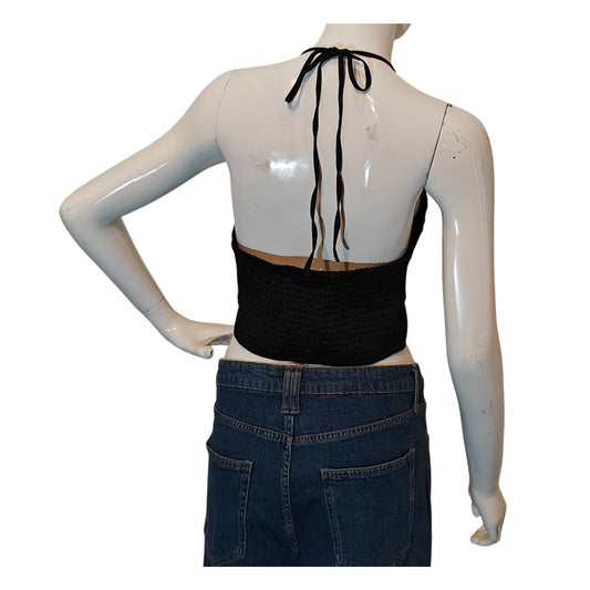Black Satin Halter Crop Top