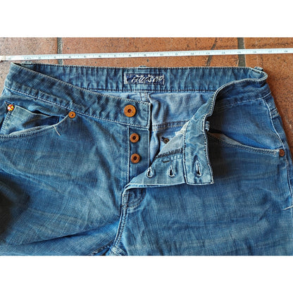 Womens 34 Light Wash Button Fly Flap Pocket Jeans