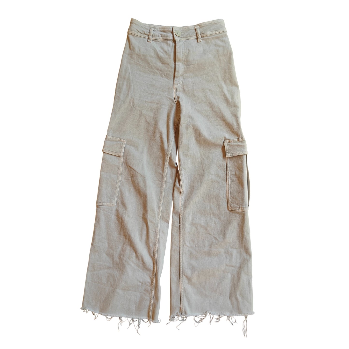 Cream High Rise Wide Leg Cargo Pants