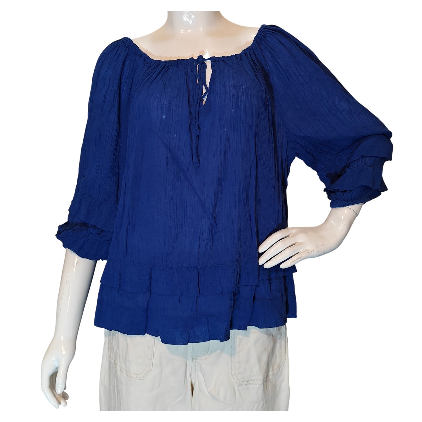 Blue Peasant Blouse Tie Neck Top