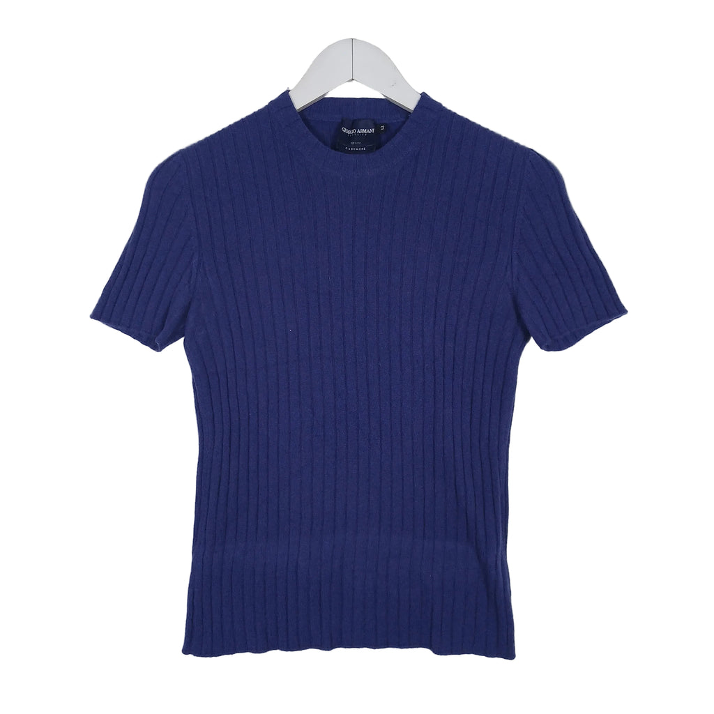 Giorgio Armani Classico Blue Cashmere Ribbed Short Sleeve Sweater IT 42