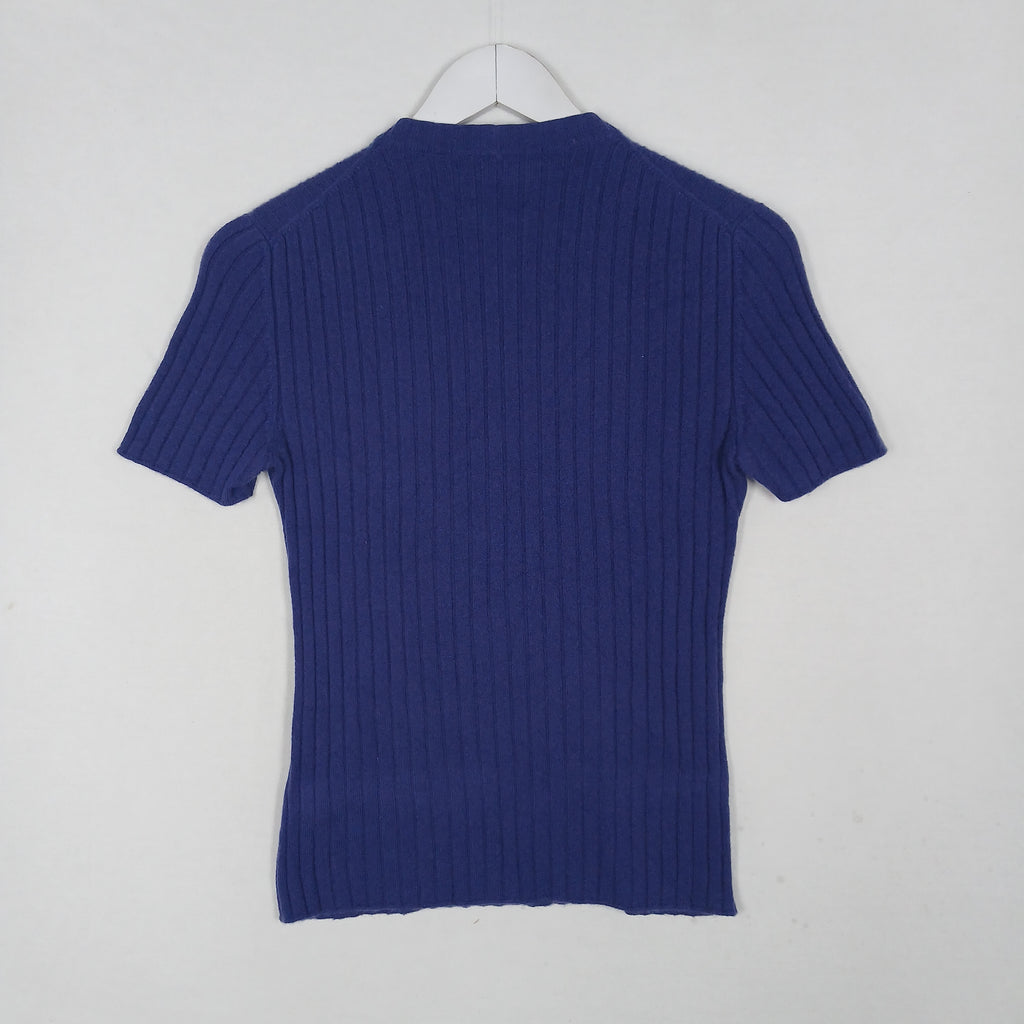 Giorgio Armani Classico Blue Cashmere Ribbed Short Sleeve Sweater IT 42