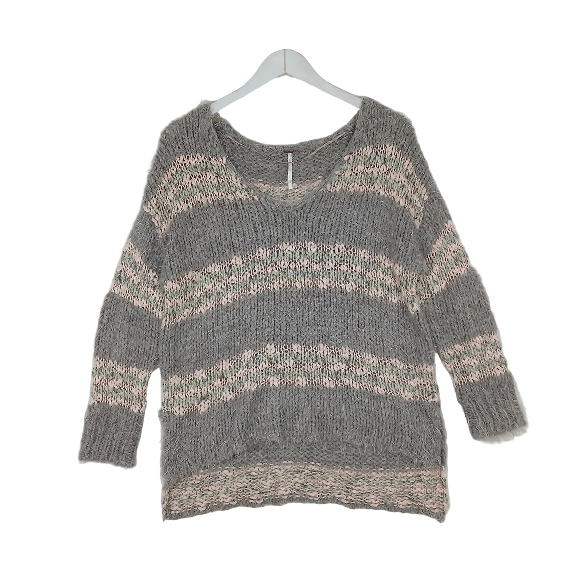 Free People Linus Gray Pink Striped Fuzzy V-Neck Sweater