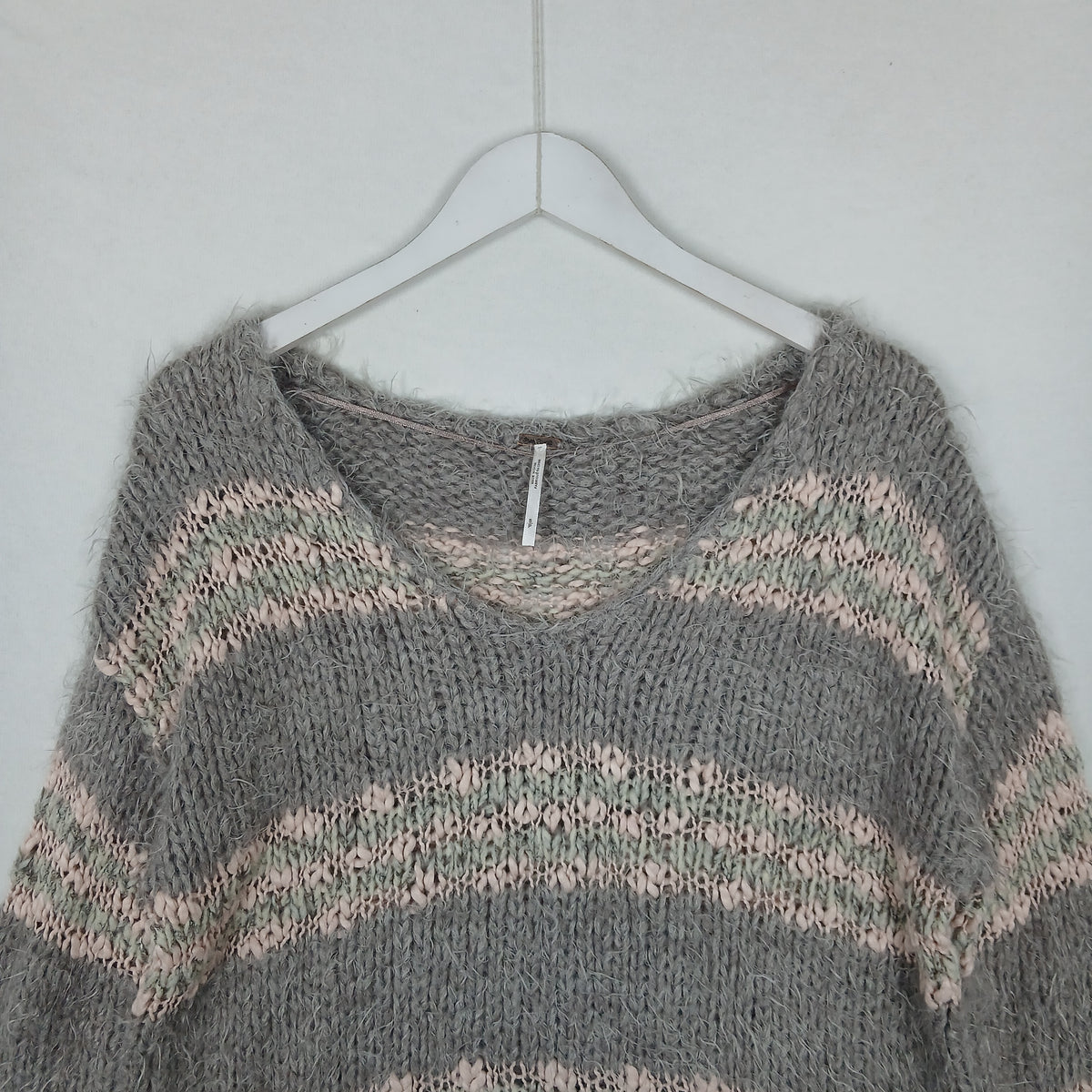 Free People Linus Gray Pink Striped Fuzzy V-Neck Sweater