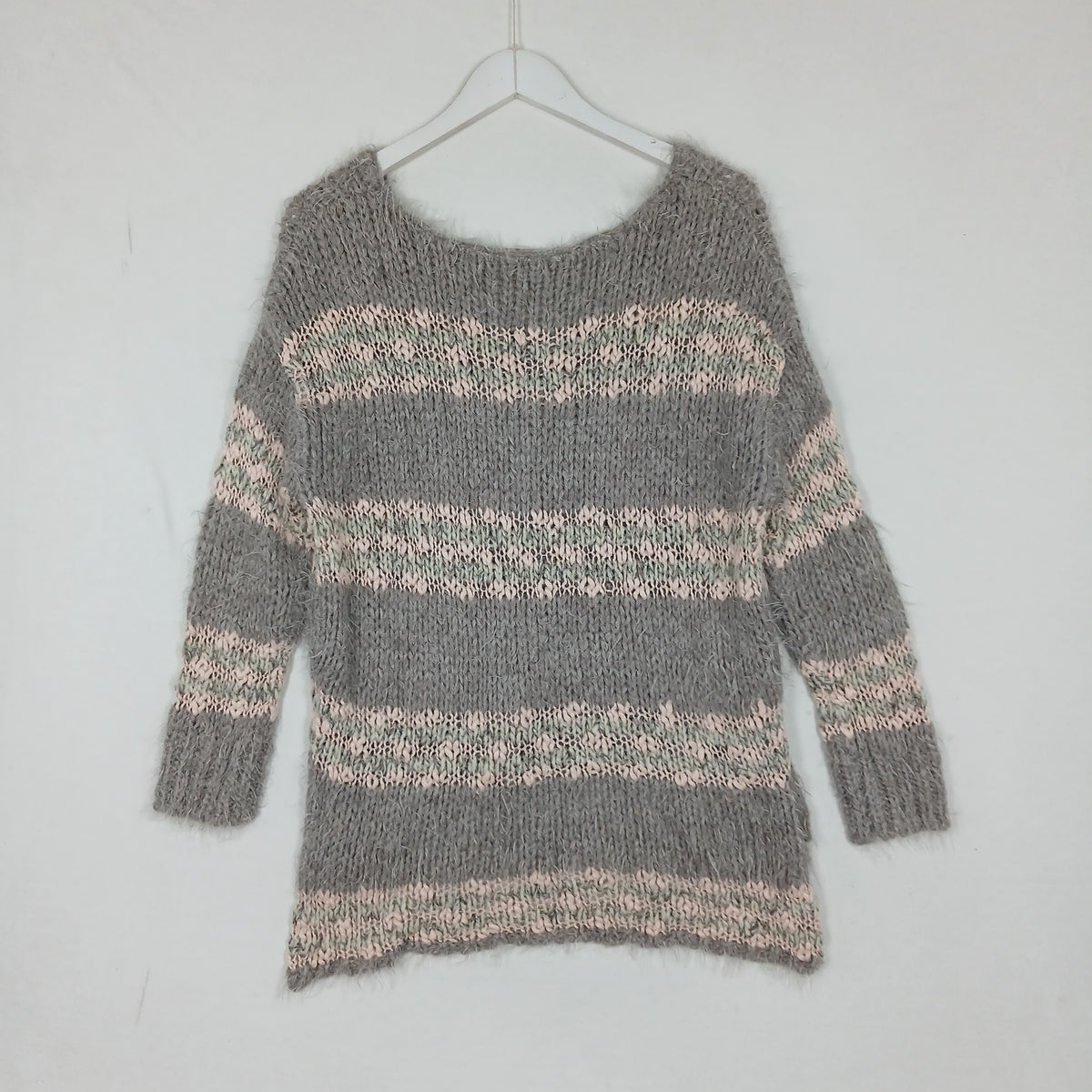 Free People Linus Gray Pink Striped Fuzzy V-Neck Sweater