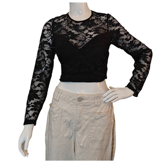 Black Lace Long Sleeve Crop Top